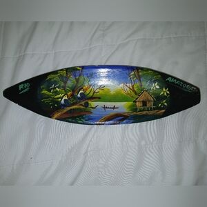 Vintage Amazonas Rio Hand Painted Balsa Wood Canoe Wall Hanging 14”